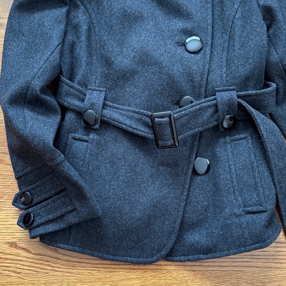 Dress Barn Charcoal Grey Women's Double-Breasted Short Pea Coat with Belt - Picture 5 of 11
